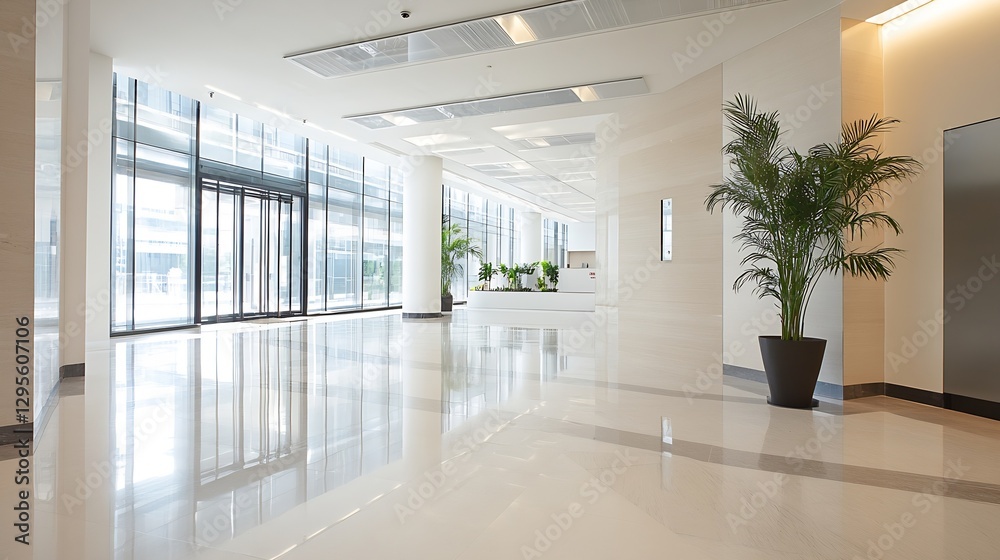 Poster Bright and airy modern lobby with natural light showcasing minimalist design and open space for business : Generative AI