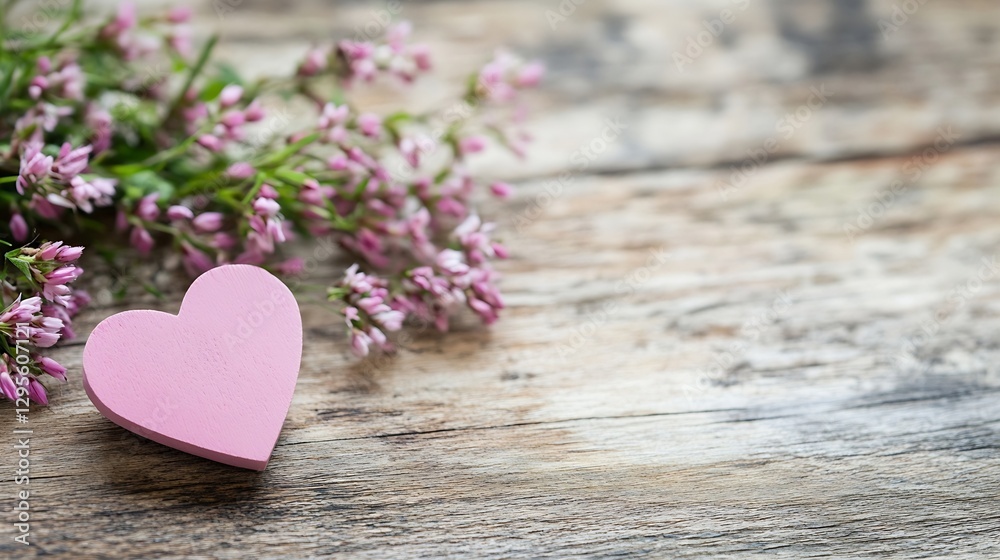 Aufkleber charming arrangement featuring a heart shaped object and delicate pink flowers on rustic wooden surf