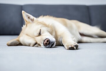 Dog resting peacefully on a light grey floor near a modern sofa in a cozy living room