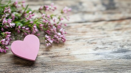 Charming arrangement featuring a heart shaped object and delicate pink flowers on rustic wooden surface : Generative AI