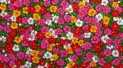 Vibrant Floral Pattern Featuring Colorful Blooms in Pink, Red, Yellow, and White on Green Background