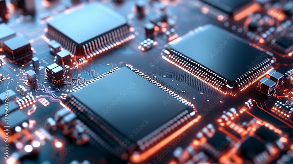 Fototapete Close-Up of Microchips and Circuit Board Combining Technology and Innovation in Electronic Devices : Generative AI