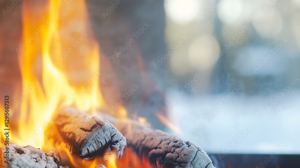 Poster close up of vibrant fire flames with glowing logs in fireplace creating warm ambiance in winter : ge