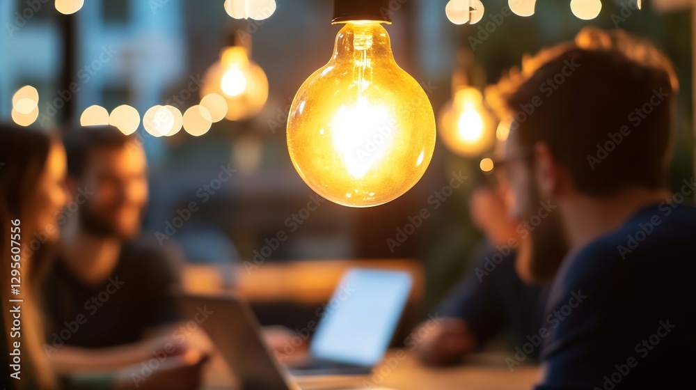 Aufkleber warm glowing light bulb hangs in a cozy cafe setting with people discussing ideas : generative ai