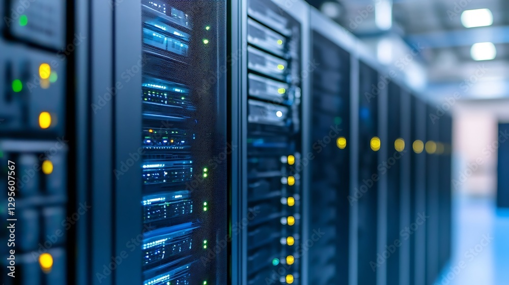 Poster Close Up of Modern Data Center Servers with Blue Lights and Cables : Generative AI
