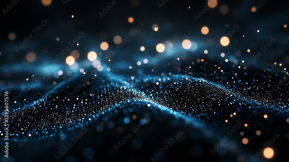 Poster Abstract sparkling background featuring glowing dots and waves in deep colors : Generative AI