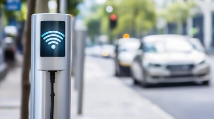 Electric vehicle charging station with wireless symbol indicating modern sustainable transportation solutions : Generative AI