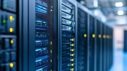 Close Up of Modern Data Center Servers with Blue Lights and Cables : Generative AI