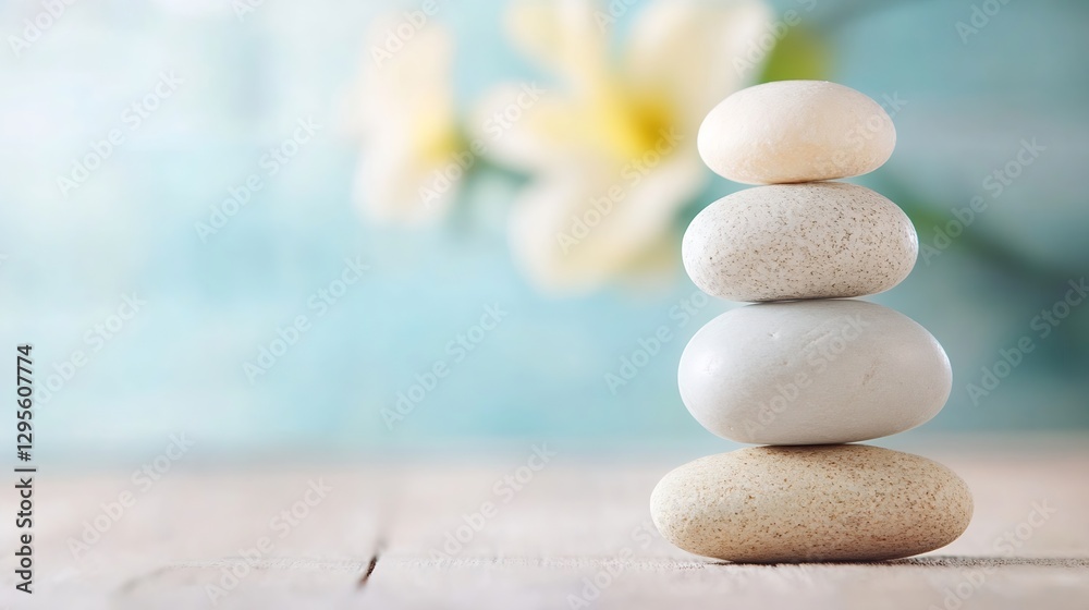 Poster Stacked smooth stones symbolizing balance and harmony over a tranquil blurred background : Generative AI