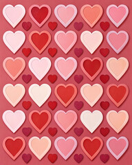 Colorful hearts of various sizes arranged on a pink background