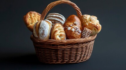 Delicate miniature traditional bread and pastries in a woven basket gourmet food photography dark background close-up shot