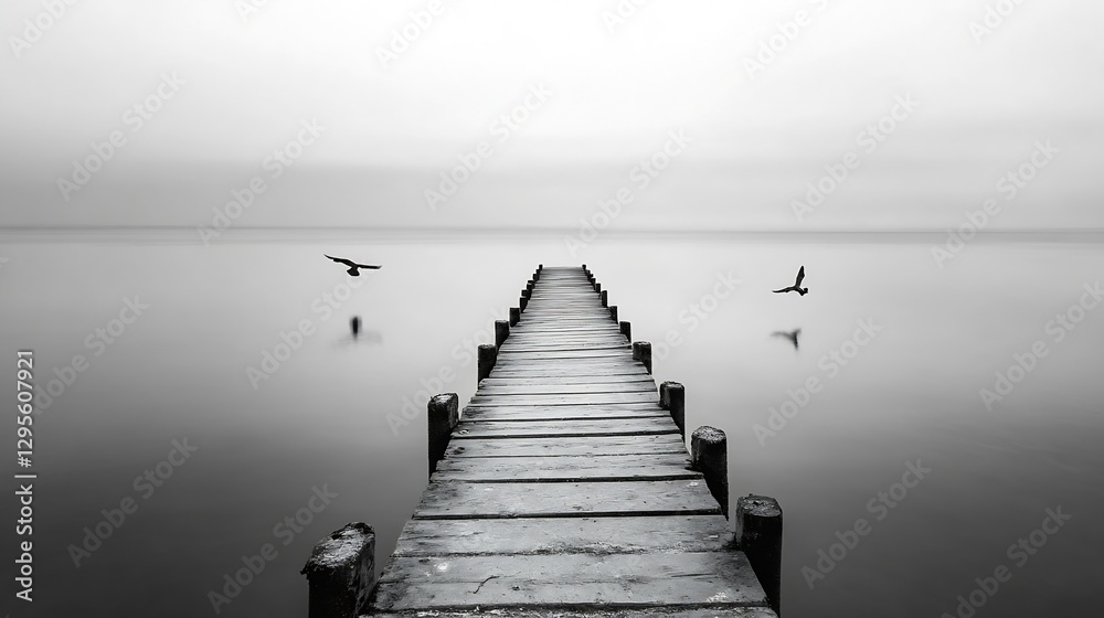 Aufkleber serene peaceful wooden pier extending into calm water under a moody sky : generative ai