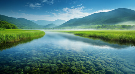 Serene River and Green Meadow Landscape - Tranquil Nature Scenery with Clear Water and Mountain View