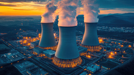 Dusk Aerial View of Nuclear Power Plant
