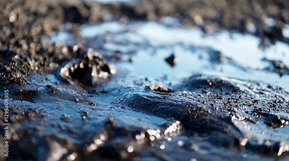Poster glittering water puddle reflecting light and texture on a muddy surface : generative ai