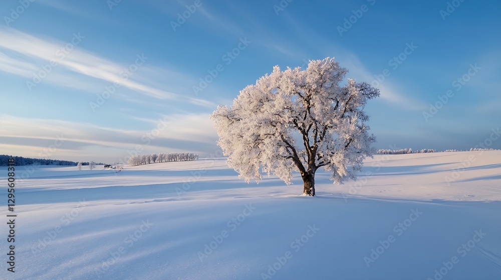 Poster beautiful winter scene with a frosty tree standing alone in a snowcovered field under a clear blue s