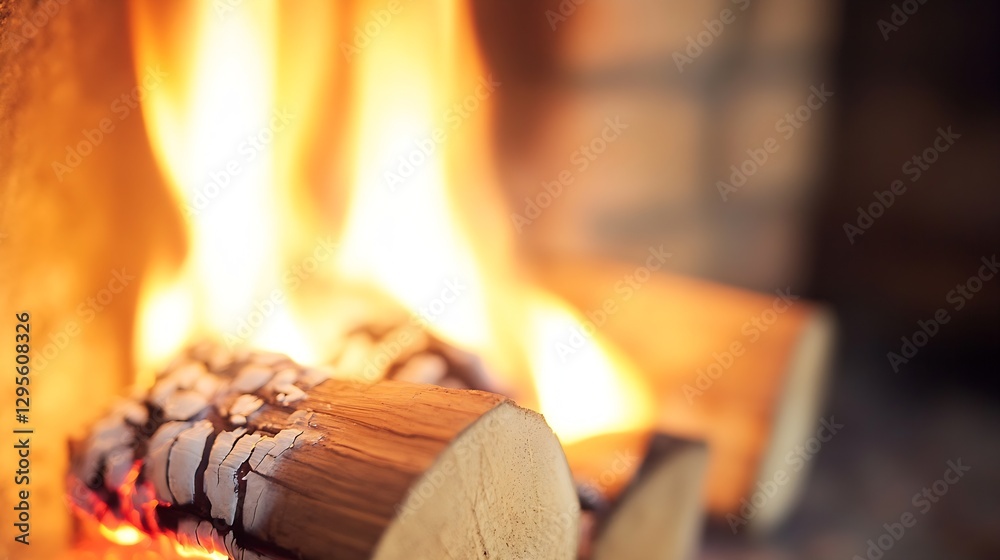 Poster close up of a firewood log burning in a cozy fireplace creating warmth and comfort : generative ai