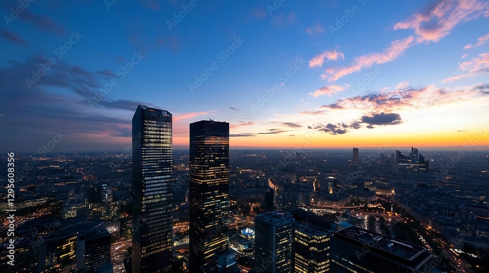 Poster stunning cityscape at dusk with skyscrapers illuminated against a colorful sunset and twilight sky :