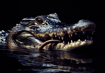 Obraz premium Close-Up Portrait of a Fierce Alligator Emerging from Dark Water with Intense Eyes and Sharp Teeth Under Subtle Light