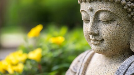 Obraz premium Close-Up of Serene Buddha Statue Surrounded by Flowers in Garden : Generative AI