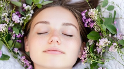 Fototapeta premium Young Woman Relaxing in Floral Arrangement with Closed Eyes in an Atmosphere of Calm and Relaxation : Generative AI