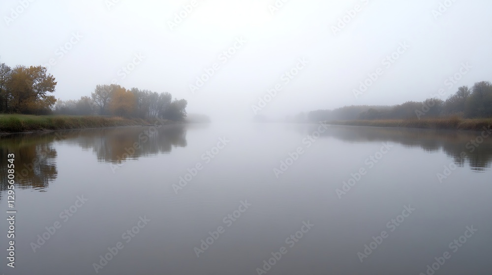 Poster serene foggy river landscape with autumn trees reflecting in still waters : generative ai