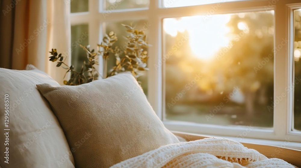 Poster cozy window seat with warm sunlight streaming in providing a perfect spot for relaxation and introsp
