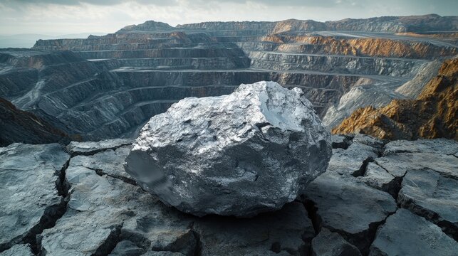 Solid titanium ore rests on cracked ground at a vast quarry landscape