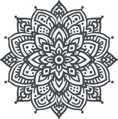 Intricate mandala design featuring symmetrical floral patterns in grey tones on a white background