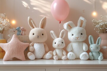 Obraz premium White empty podium with bunnies, star-shaped pillow, and pink balloon on pastel beige background, photorealistic style, studio lighting.