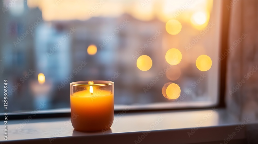 Poster Warm candlelight glow in cozy window setting with bokeh background at sunset : Generative AI