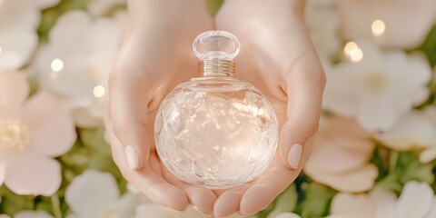 Fragrant Embrace: A gentle pair of hands cradles a perfume bottle amidst a bed of delicate petals, exuding an air of elegance and sensory delight.