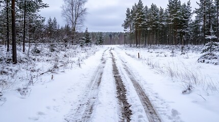 Peaceful winter forest landscape with a snowy dirt road inviting exploration among the frosty trees : Generative AI