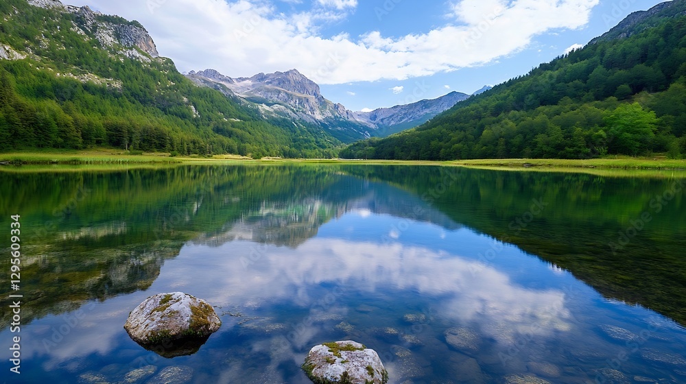 Aufkleber stunning landscape view of a serene lake surrounded by mountains and lush green forests reflecting i