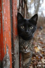 A couple of cats peeking out from behind a wooden door