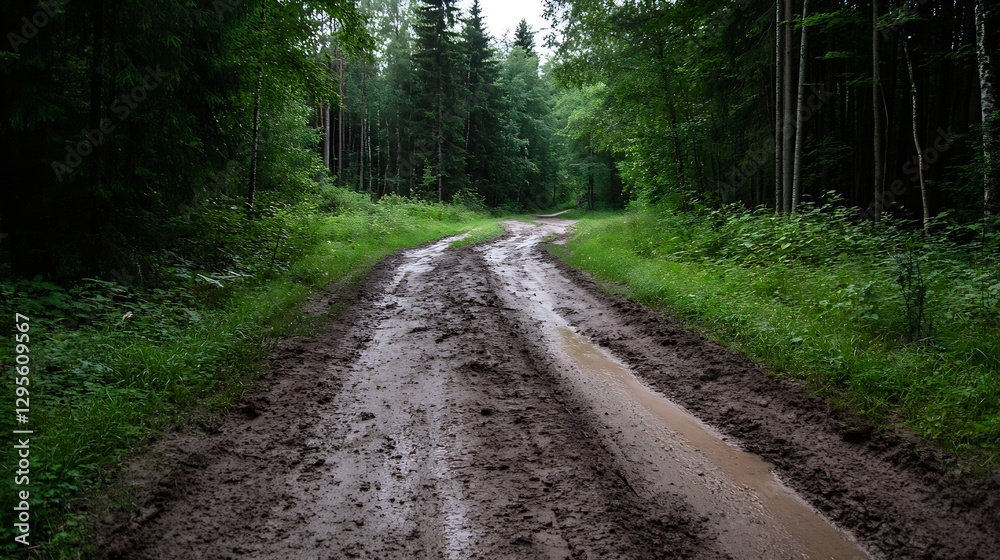 Poster winding muddy road through a lush green forest surrounded by trees after rain : generative ai