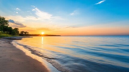 Obraz premium Breathtaking Sunset Over Calm Lake Shore with Vibrant Sky Colors : Generative AI