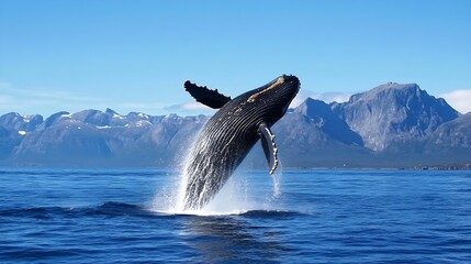 Fototapeta premium Majestic humpback whale breaching the surface in a stunning oceanic landscape : Generative AI