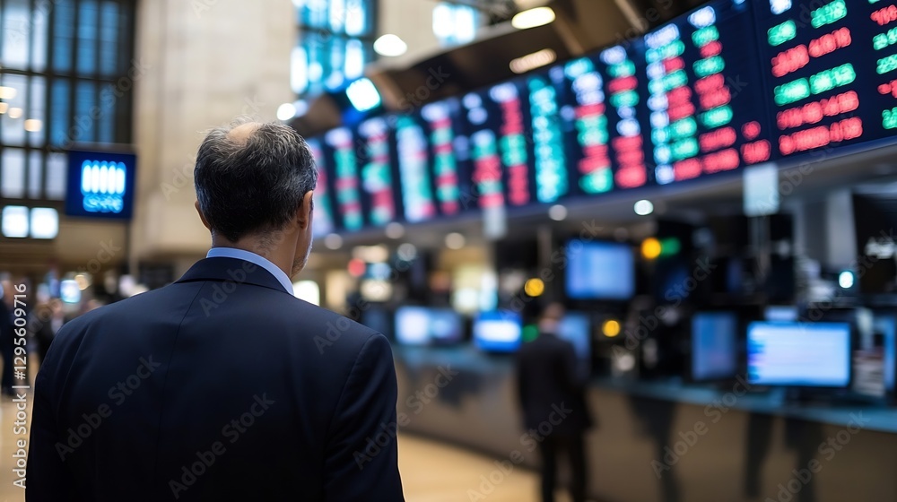 Poster businessman observing stock market screens filled with data and financial information in a trading h