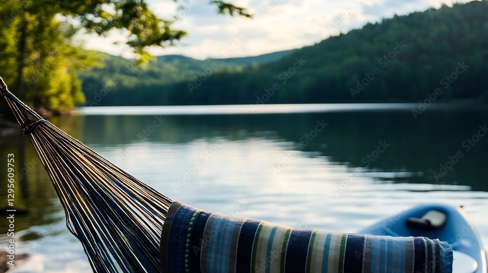 Poster Tranquil lakeside hammock perfect for relaxing in nature and enjoying the scenic view : Generative AI