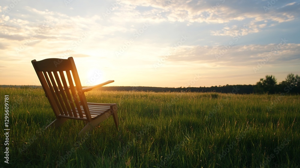 Aufkleber serene view of a rustic wooden chair set against a stunning sunset in a peaceful field : generative 