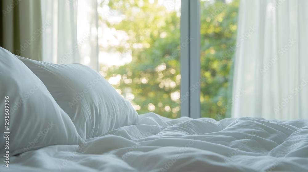 Poster serene white bedding with natural light through window in cozy bedroom setting : generative ai