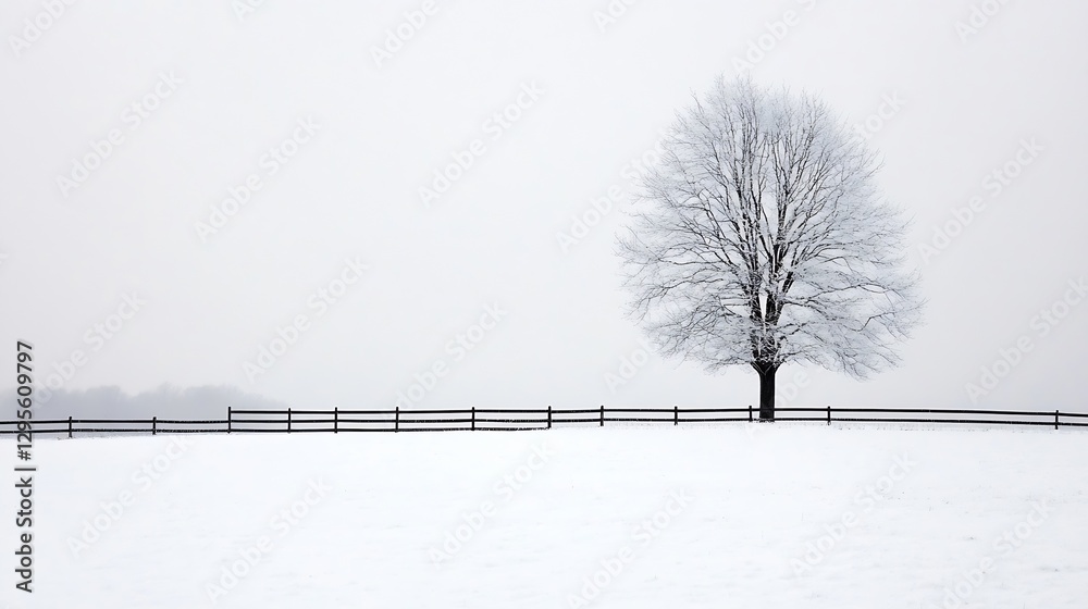 Poster lonely tree standing in snowy landscape under overcast sky capturing the essence of winter calm : ge