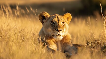 Fototapeta premium Majestic lioness resting peacefully in golden grass under soft sunlight in the wild : Generative AI