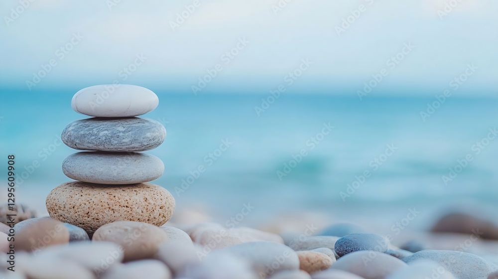 Poster carefully balanced stones stacked on a tranquil beach with a blurred ocean backdrop : generative ai