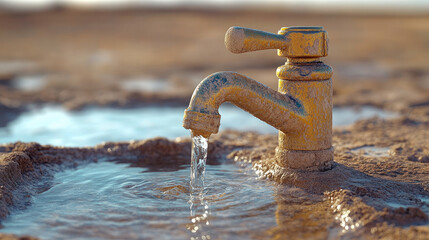 Dusty faucet pouring water in desert puddle