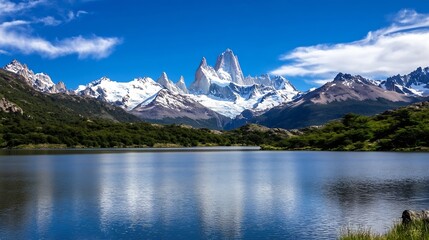 Breathtaking Mountain Lake Surrounded by Majestic Peaks and Clear Blue Sky : Generative AI