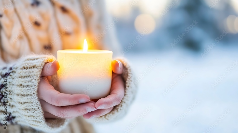 Poster hands holding a glowing candle in a snow winter setting with soft sunset light : generative ai