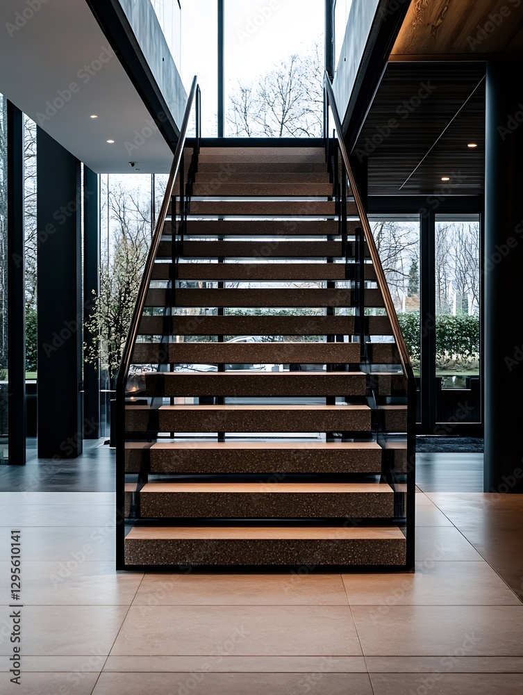 Poster Modern stairway design featuring elegant lines and large windows for abundant natural light : Generative AI