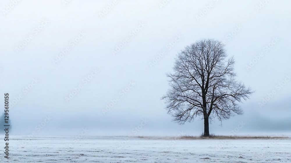 Poster Isolated bare tree standing in a foggy field during winter creating a serene and calm atmosphere : Generative AI